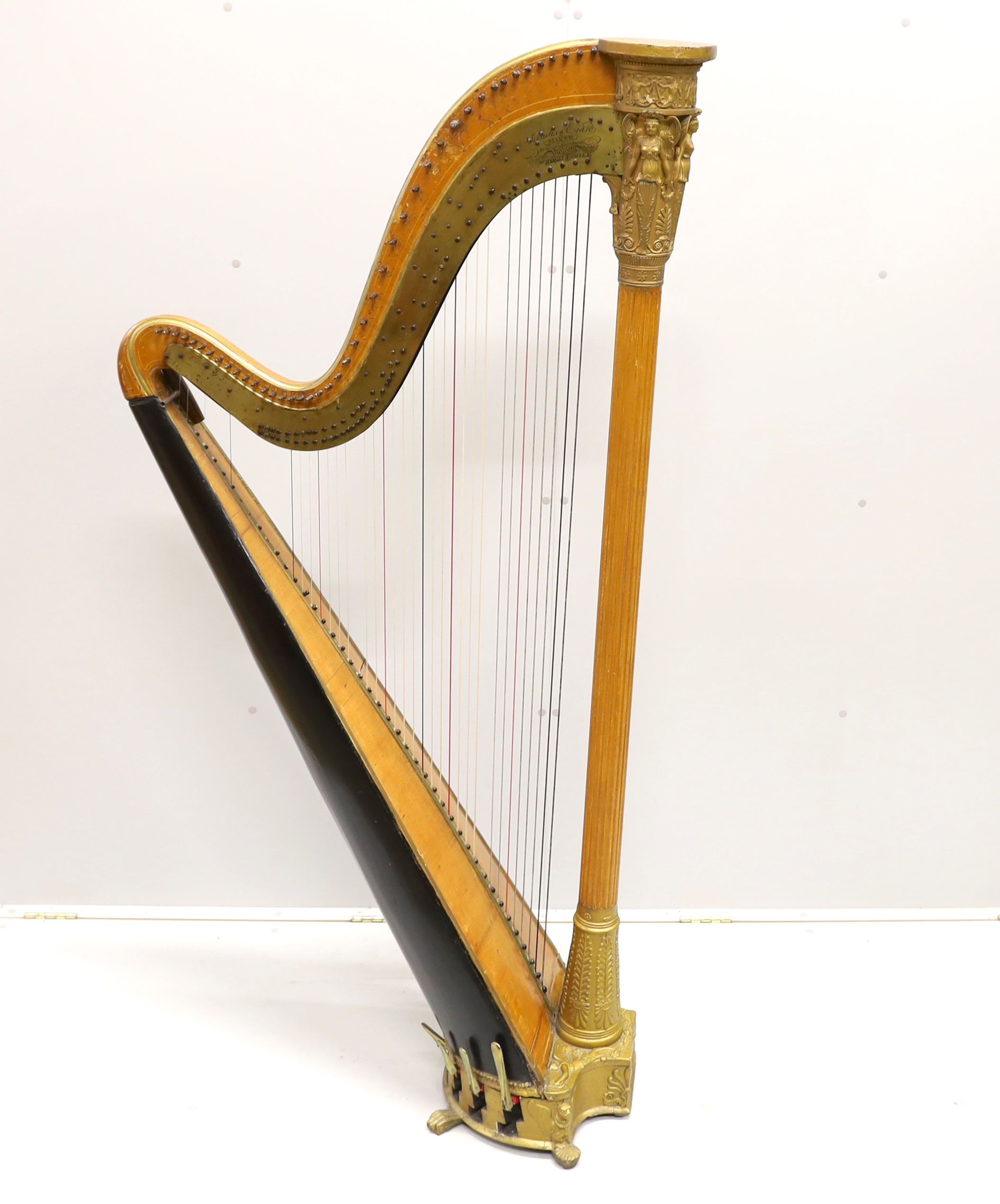 A seven pedal harp by Sebastian Erard, 18 Great Marlborough St. London, Patent N4164, cedar soundboard, fluted pillar with gilt Classical style capital, 170.5cm high